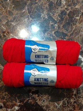 2 Skeins Kresge's Green Oak Knitting Worsted 100% Virgin Wool Bright Red Yarn
